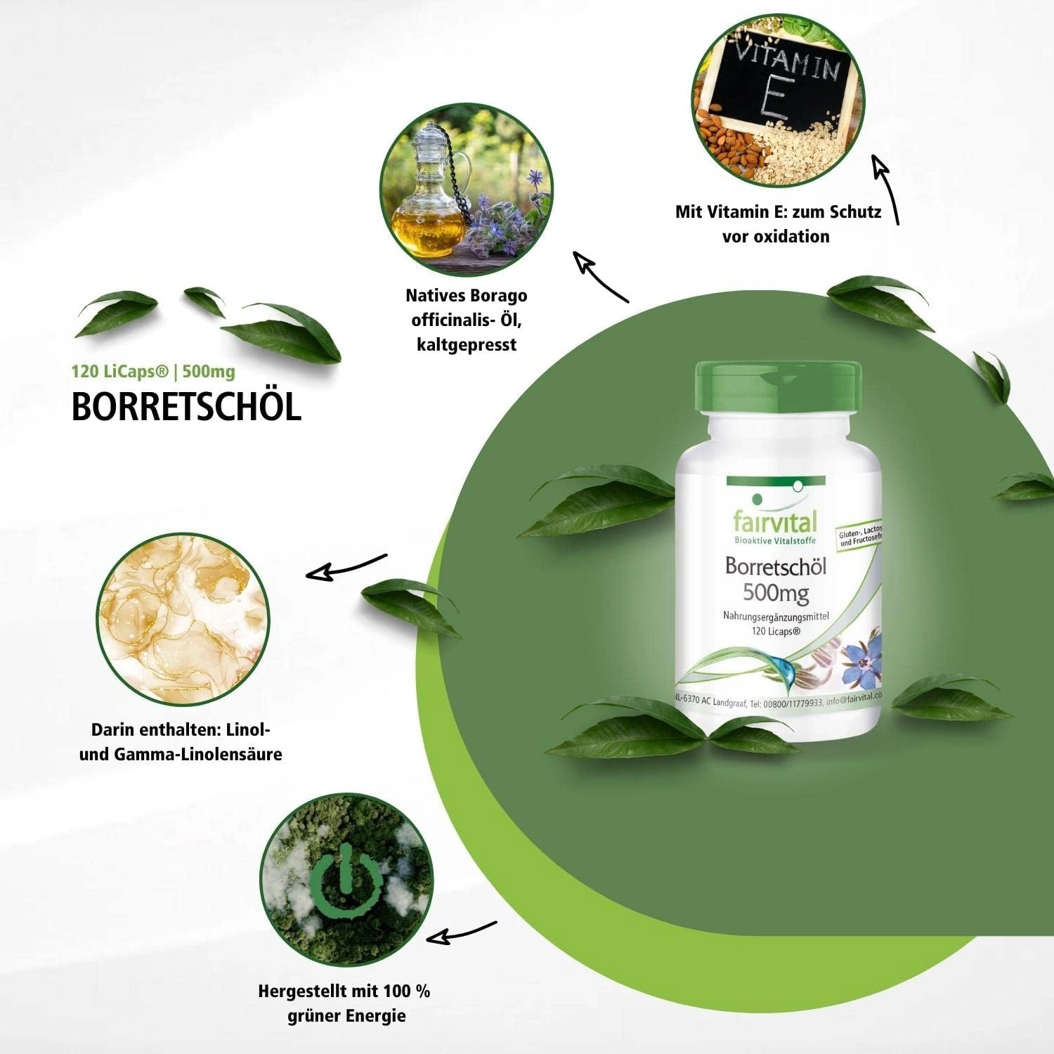 Borretschöl 500mg - 120 Licaps® - schluckfreundlich - kaltgepresst - reich an Gamma-Linolensäure (Omega-6) - vegan | Fairvital