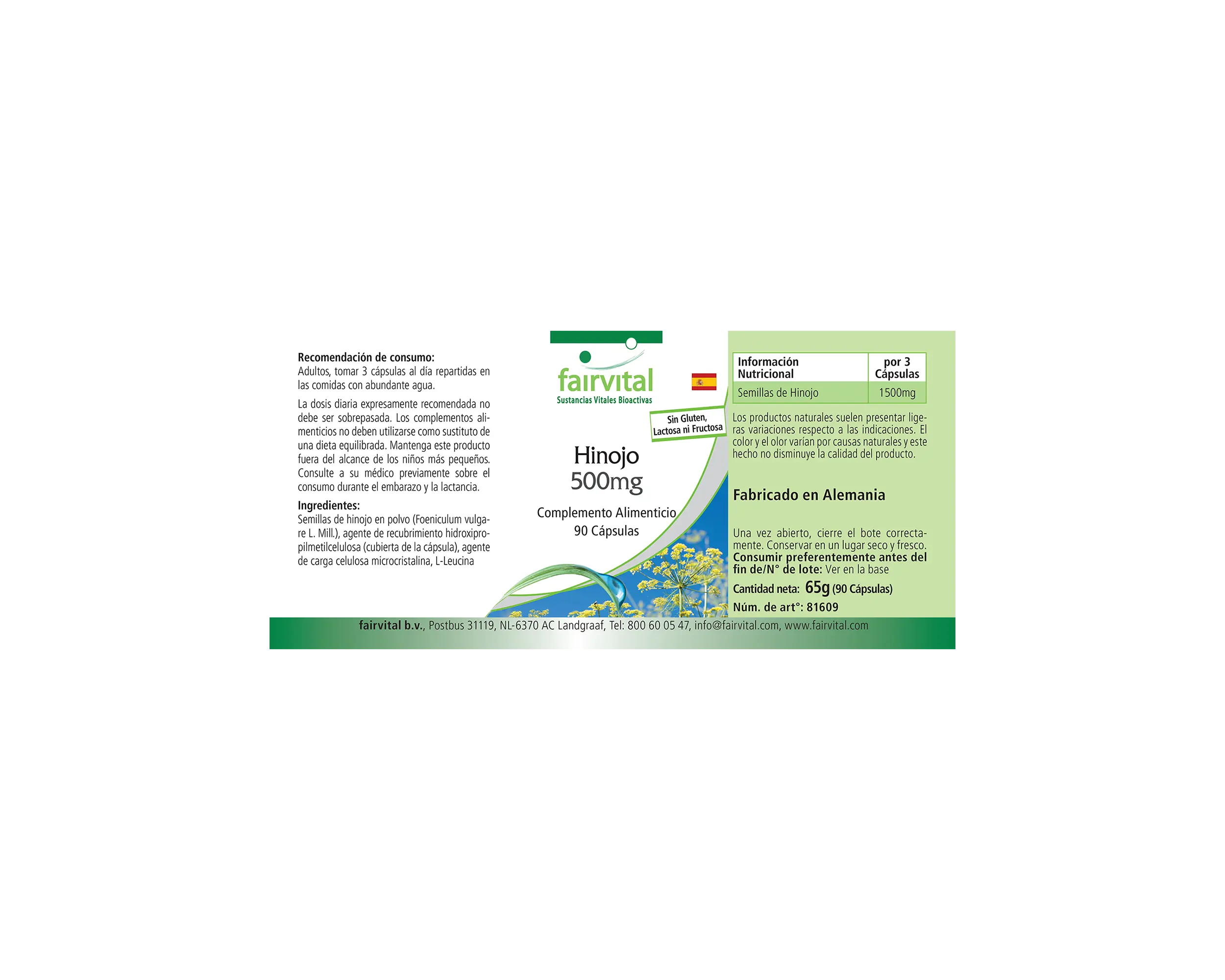 Hinojo 500mg - 90 cápsulas - Foeniculum vulgare Miller - Vegano | Fairvital