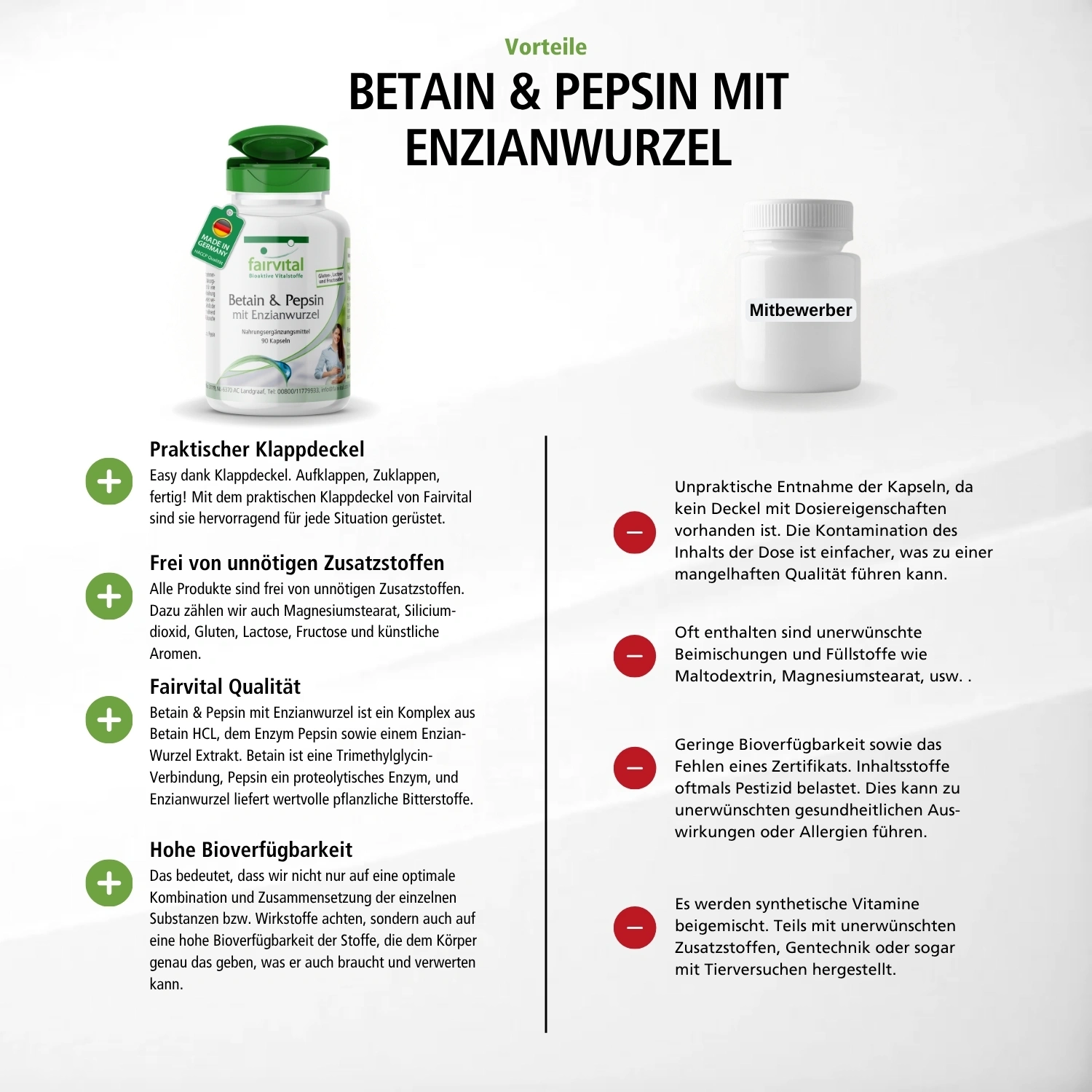 Betain & Pepsin mit Enzianwurzel - 90 Kapseln - schluckfreundlich | Fairvital