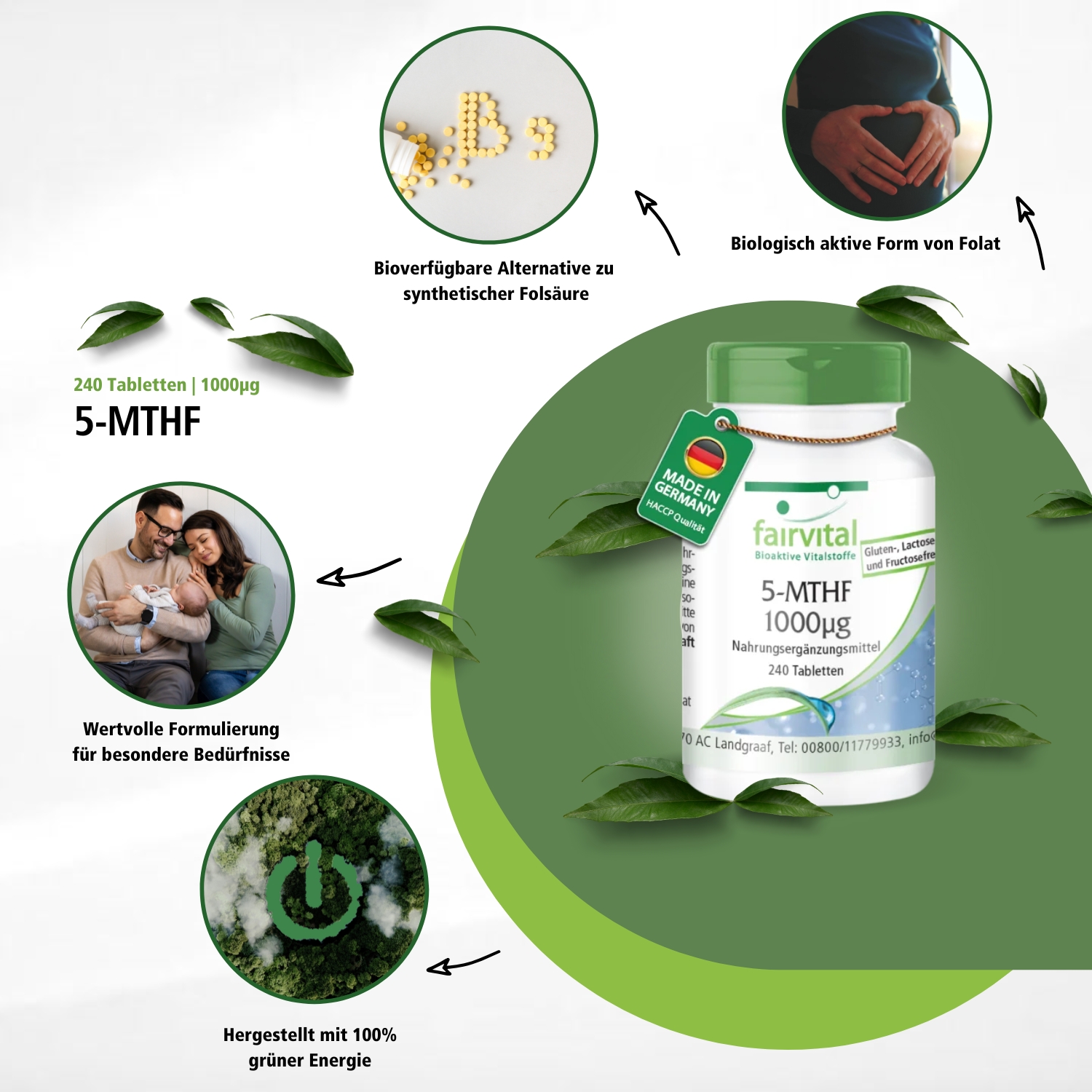 5-MTHF 1000 µg - 240 Tabletten - Schluckfreundlich - bioaktive Folsäure - abgedeckter Bedarf - Hochdosiert und Vegan | Fairvital