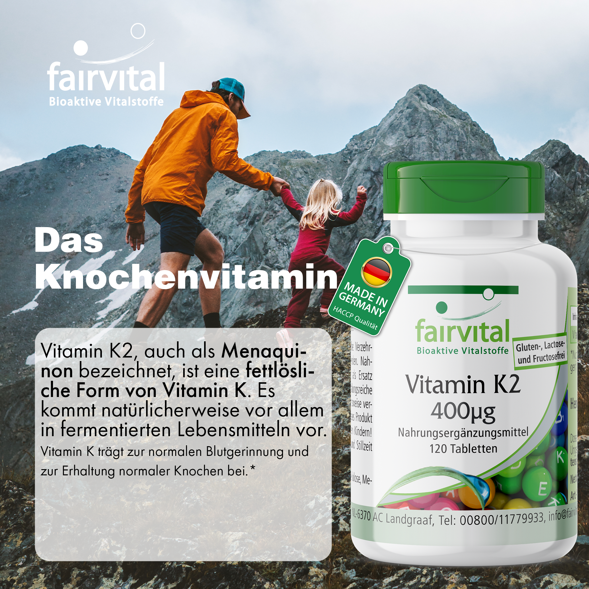 Vitamin K2 400μg - 120 Tabletten - für Knochen und Blutgerinnung - hochdosiert und vegan | Fairvital