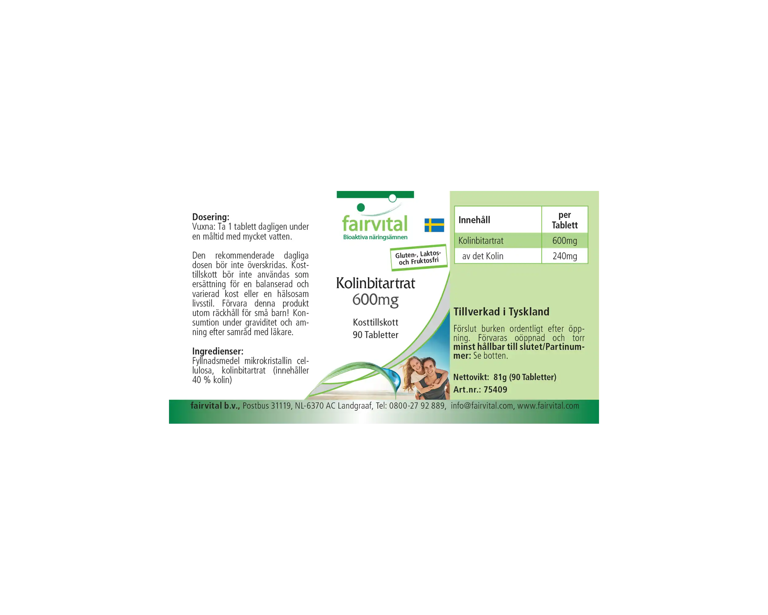 Cholinbitartrat 600mg - 90 Tabletten - für Leberfunktion, Fettstoffwechsel uvm.  - Vegan | Fairvital