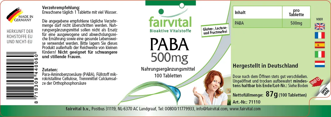 PABA 500mg - 100 Tabletten - Para-Aminobenzoesäure - Vitamin B10 - Hochdosiert und Vegan | Fairvital PABA 500mg - 100 Tabletten - Para-Aminobenzoesäure - Vitamin B10 - Hochdosiert und Vegan | Fairvital