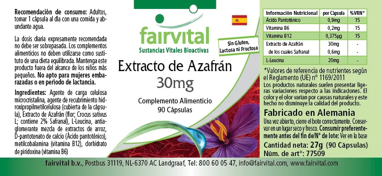 Safran Extrakt 30mg - 90 Kapseln mit Pantothensäure, Vitamin B12 uvm. - für Immunsystem, Zellteilung uvm. | Fairvital Safran Extrakt 30mg - 90 Kapseln mit Pantothensäure, Vitamin B12 uvm. - für Immunsystem, Zellteilung uvm. | Fairvital