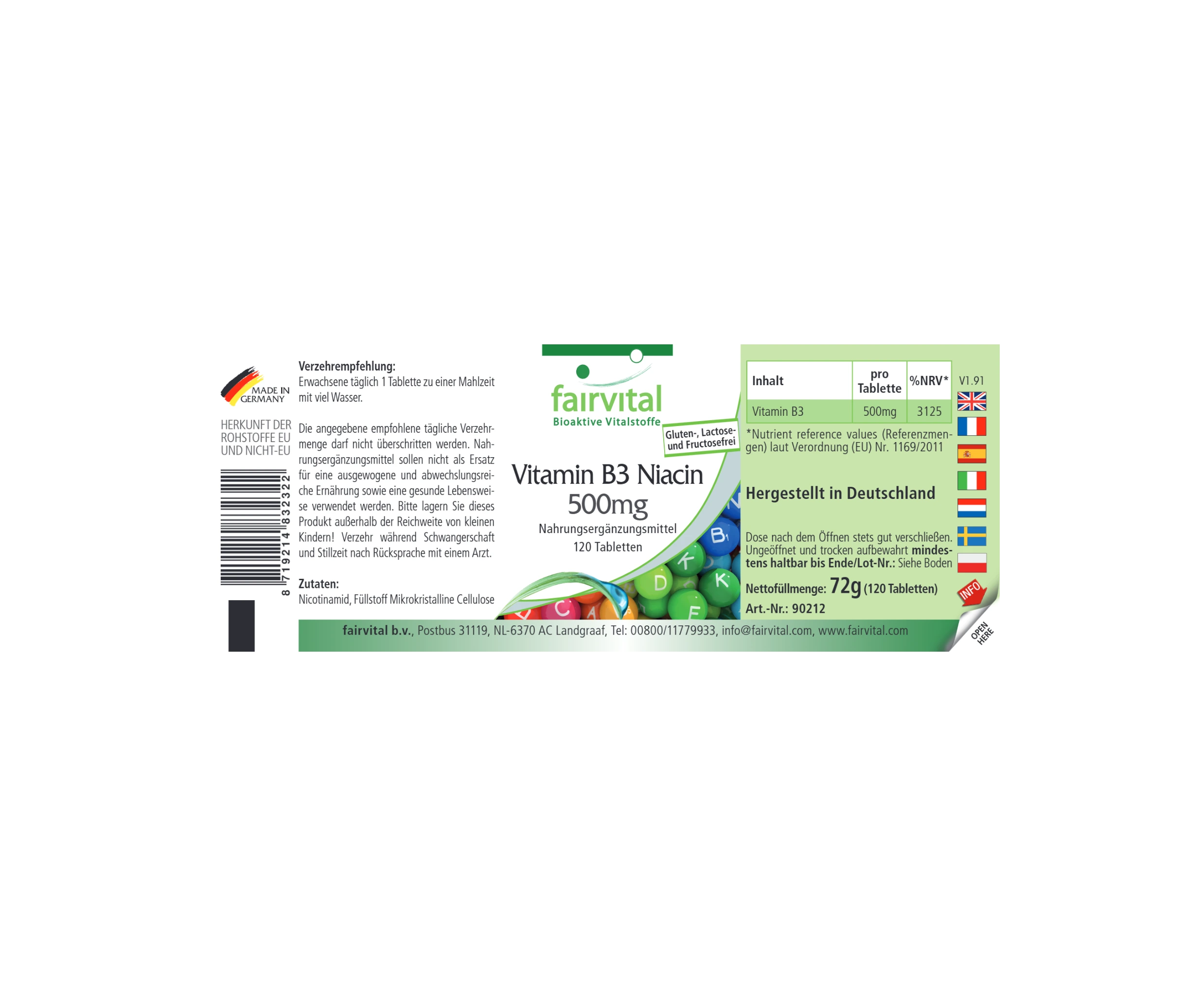 Vitamin B3 Niacin 500mg - 120 Tabletten - für Energie, Nervensystem uvm. - hochdosiert und vegan | Fairvital