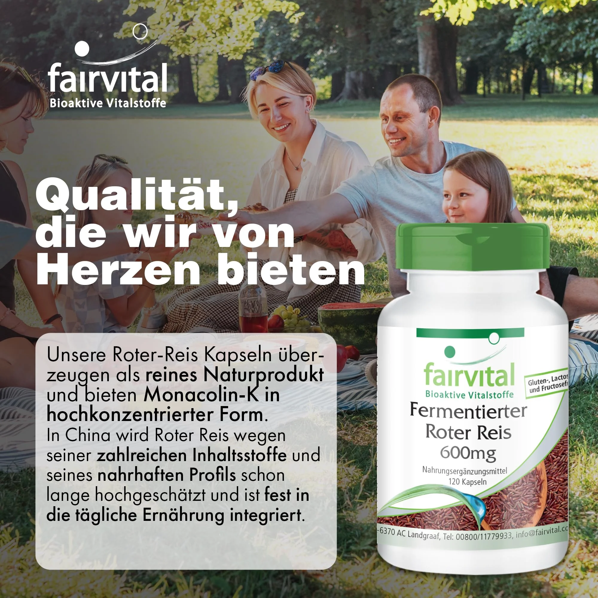 Fermentierter Roter Reis 600mg - 120 Kapseln - Monascus purpureus - mit Monacolin K - Vegan | Fairvital