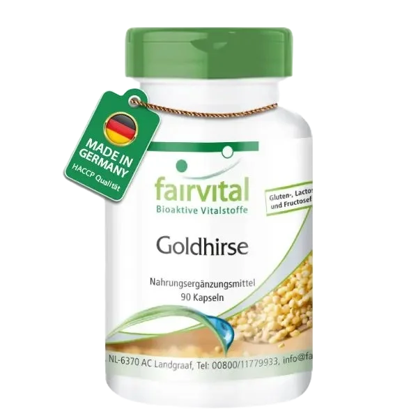 Goldhirse - 90 Kapseln - Haar-Vitamine - mit Pantothensäure (Vitamin B5) - für Energiestoffwechsel uvm. | Fairvital Goldhirse - 90 Kapseln - Haar-Vitamine - mit Pantothensäure (Vitamin B5) - für Energiestoffwechsel uvm. | Fairvital