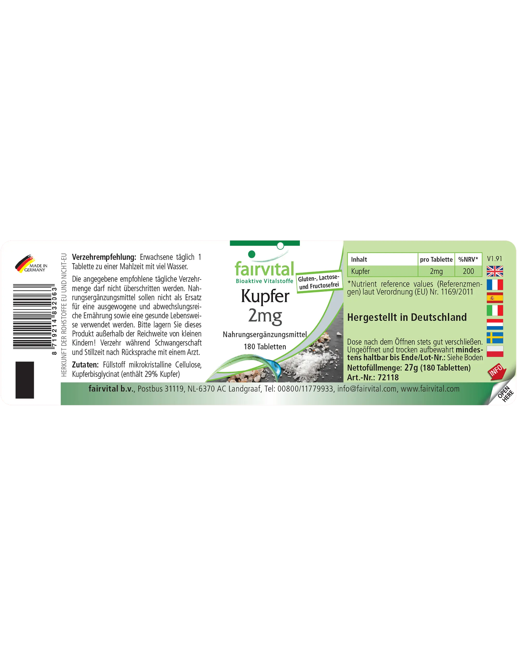 Rame 2 mg - 180 compresse - per il sistema immunitario, la pigmentazione della pelle e dei capelli e molto altro ancora - vegano | Fairvital