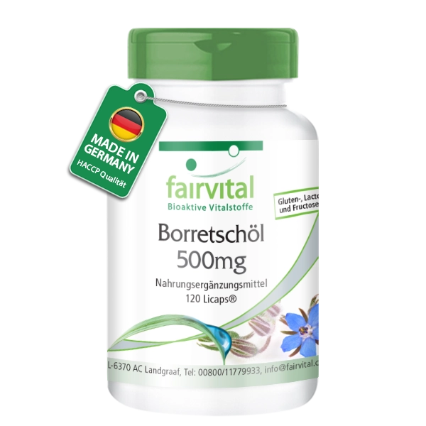 Borretschöl 500mg - 120 LiCaps® - kaltgepresst - reich an Gamma-Linolensäure (Omega-6) - Vegan | Fairvital