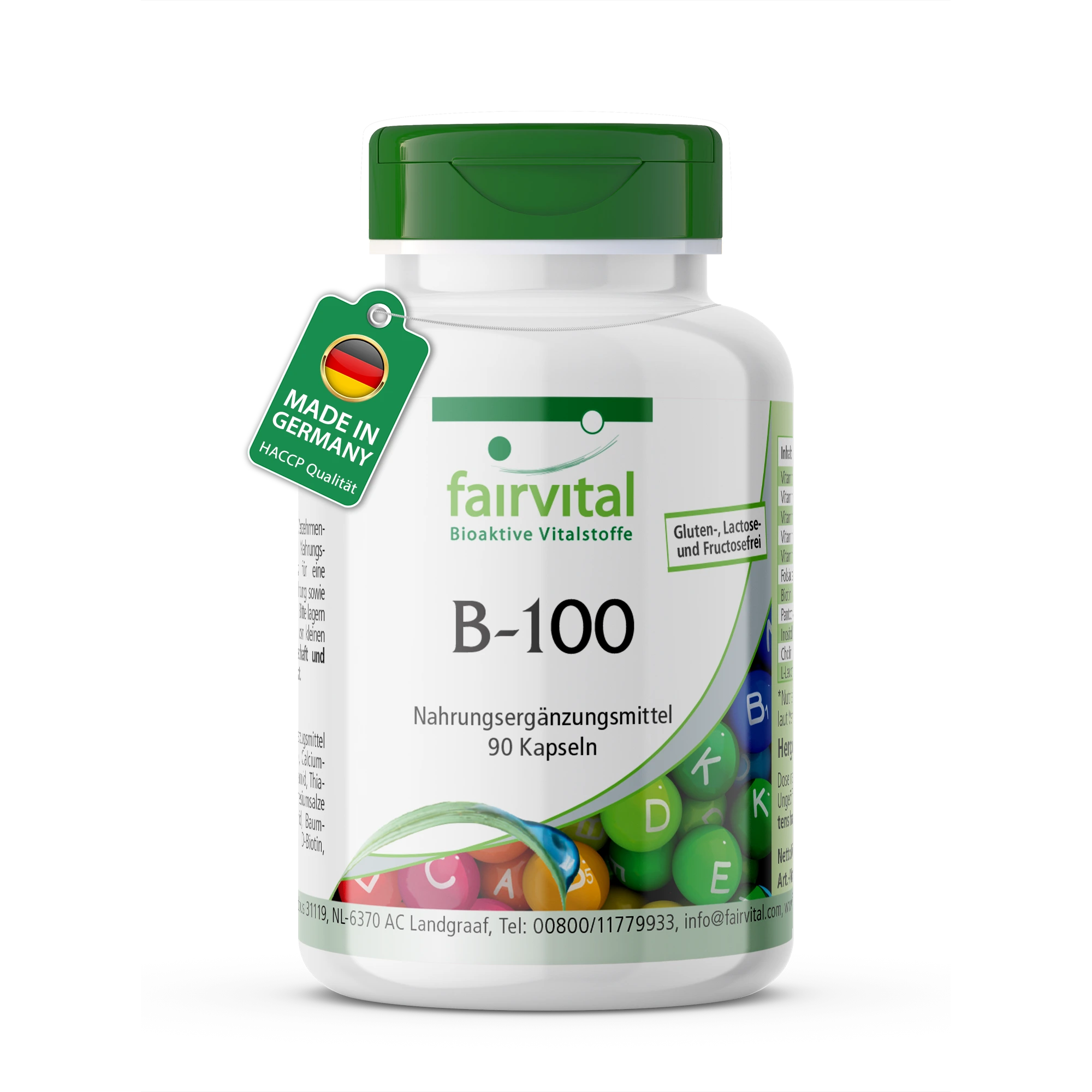 B-100 - 90 Kapseln - Komplex aller B-Vitamine - für Haare, Haut & gegen Müdigkeit - abgedeckter Bedarf - vegan | Fairvital