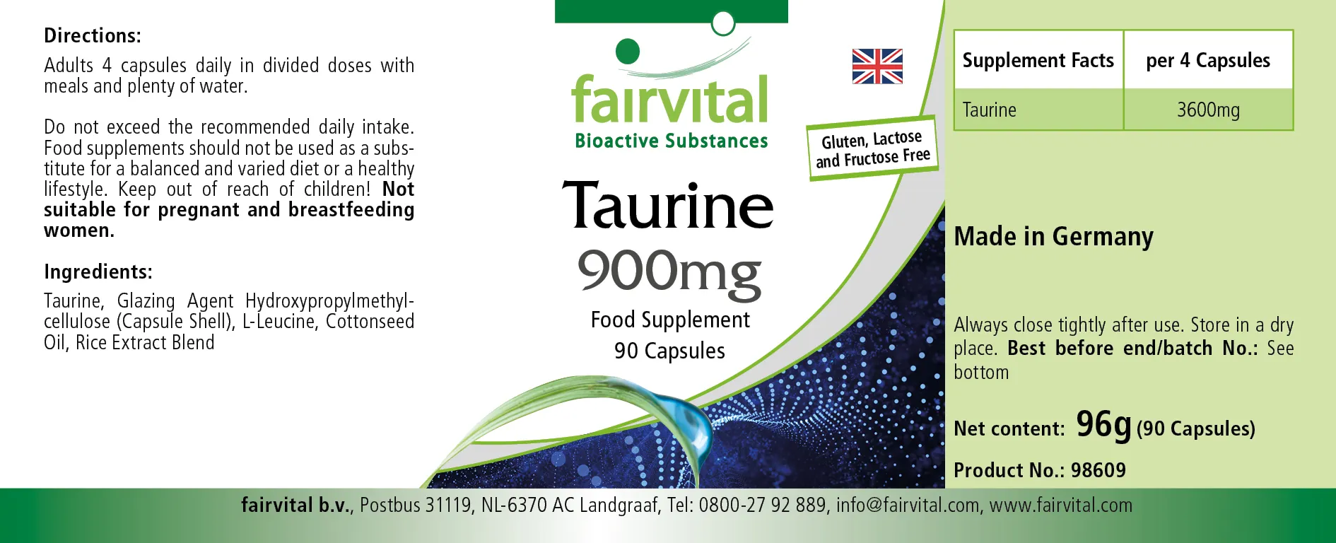 Taurin 900mg - 90 Kapseln - Hochdosiert- Vegan | Fairvital Taurin 900mg - 90 Kapseln - Hochdosiert- Vegan | Fairvital