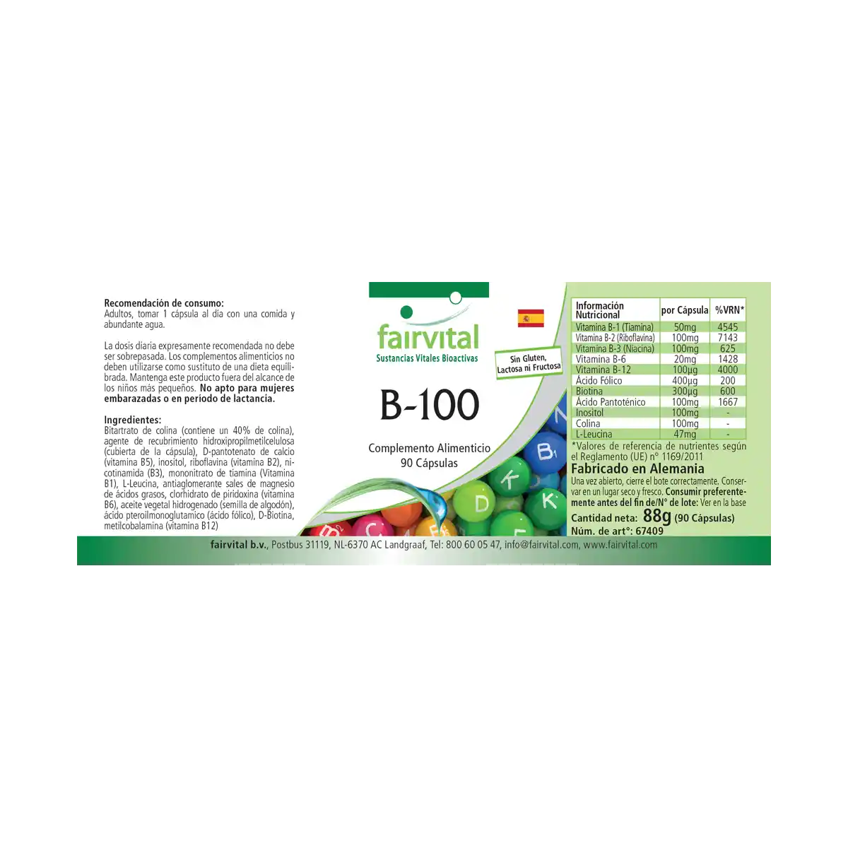 B-100 Komplex - alle B-Vitamine (B1, B2, B3, B5, B6, B7, B9, B12) für Haare, Haut ung gegen Müdigkeit - 90 Kapseln - Hochdosiert und Vegan | Fairvital B-100 Komplex - alle B-Vitamine (B1, B2, B3, B5, B6, B7, B9, B12) für Haare, Haut ung gegen Müdigkeit - 90 Kapseln - Hochdosiert und Vegan | Fairvital