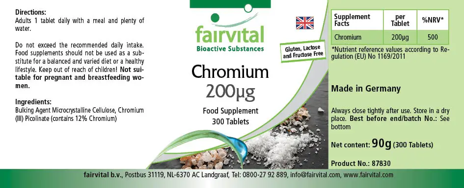 Chrom 200µg - 300 Tabletten - für Blutzuckerspiegel und Makronährstoff Stoffwechsel - Hochdosiert und Vegan | Fairvital Chrom 200µg - 300 Tabletten - für Blutzuckerspiegel und Makronährstoff Stoffwechsel - Hochdosiert und Vegan | Fairvital