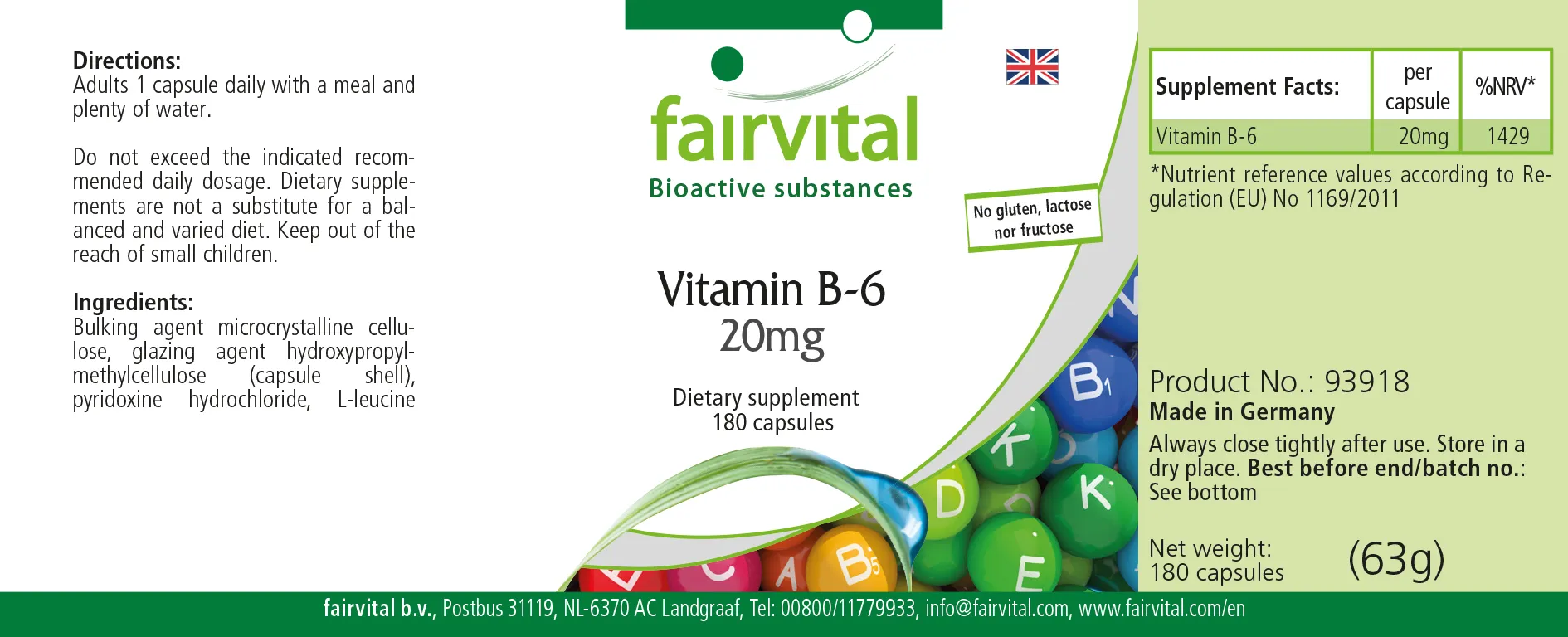 Vitamin B-6 20mg-180 Kapseln-Pyridoxinhydrochlorid-Hochdosiert & Vegan | Fairvital Vitamin B-6 20mg-180 Kapseln-Pyridoxinhydrochlorid-Hochdosiert & Vegan | Fairvital