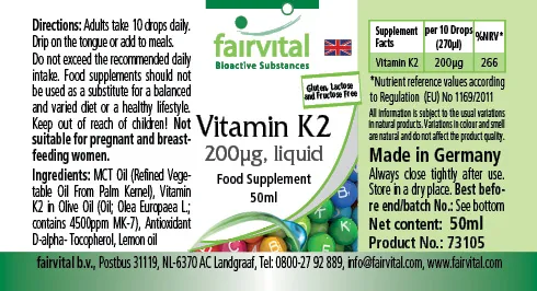 Vitamin K2 flüssig 200µg pro 10 Tropfen - 50ml