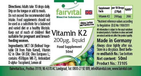 Vitamin K2 liquid 200µg per 10 drops - 50ml Vitamin K2 liquid 200µg per 10 drops - 50ml