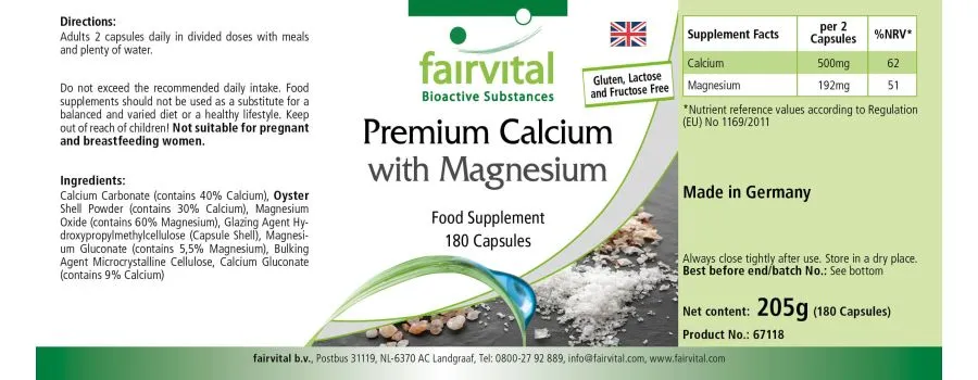 Premium-Calcium mit Magnesium - 180 Kapseln - für Knochen, Muskeln, Elektrolytgleichgewicht uvm. | Fairvital Premium-Calcium mit Magnesium - 180 Kapseln - für Knochen, Muskeln, Elektrolytgleichgewicht uvm. | Fairvital