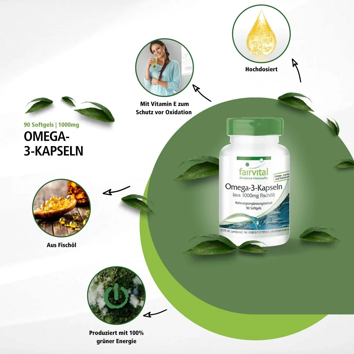 Omega-3-Kapseln aus 1000mg Fischöl - 90 Softgels - für Herz und Zellschutz - Hochdosiert | Fairvital