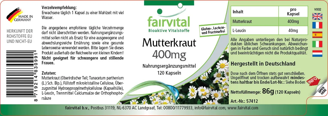 Mutterkraut 400mg - 120 Kapseln - Tanacetum parthenium - Feverfew - Vegan | Fairvital Mutterkraut 400mg - 120 Kapseln - Tanacetum parthenium - Feverfew - Vegan | Fairvital