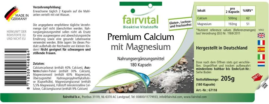 Premium-Calcium mit Magnesium - 180 Kapseln - für Knochen, Muskeln, Elektrolytgleichgewicht uvm. | Fairvital Premium-Calcium mit Magnesium - 180 Kapseln - für Knochen, Muskeln, Elektrolytgleichgewicht uvm. | Fairvital