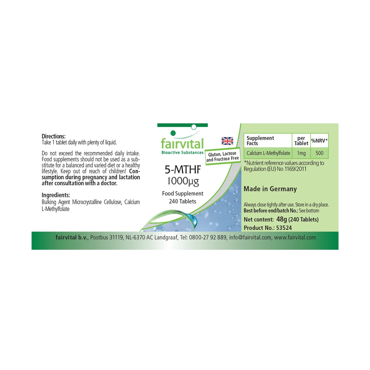 5-MTHF 1000 µg - 240 Tabletten - bioaktive Folsäure - Hochdosiert und Vegan | Fairvital 5-MTHF 1000 µg - 240 Tabletten - bioaktive Folsäure - Hochdosiert und Vegan | Fairvital