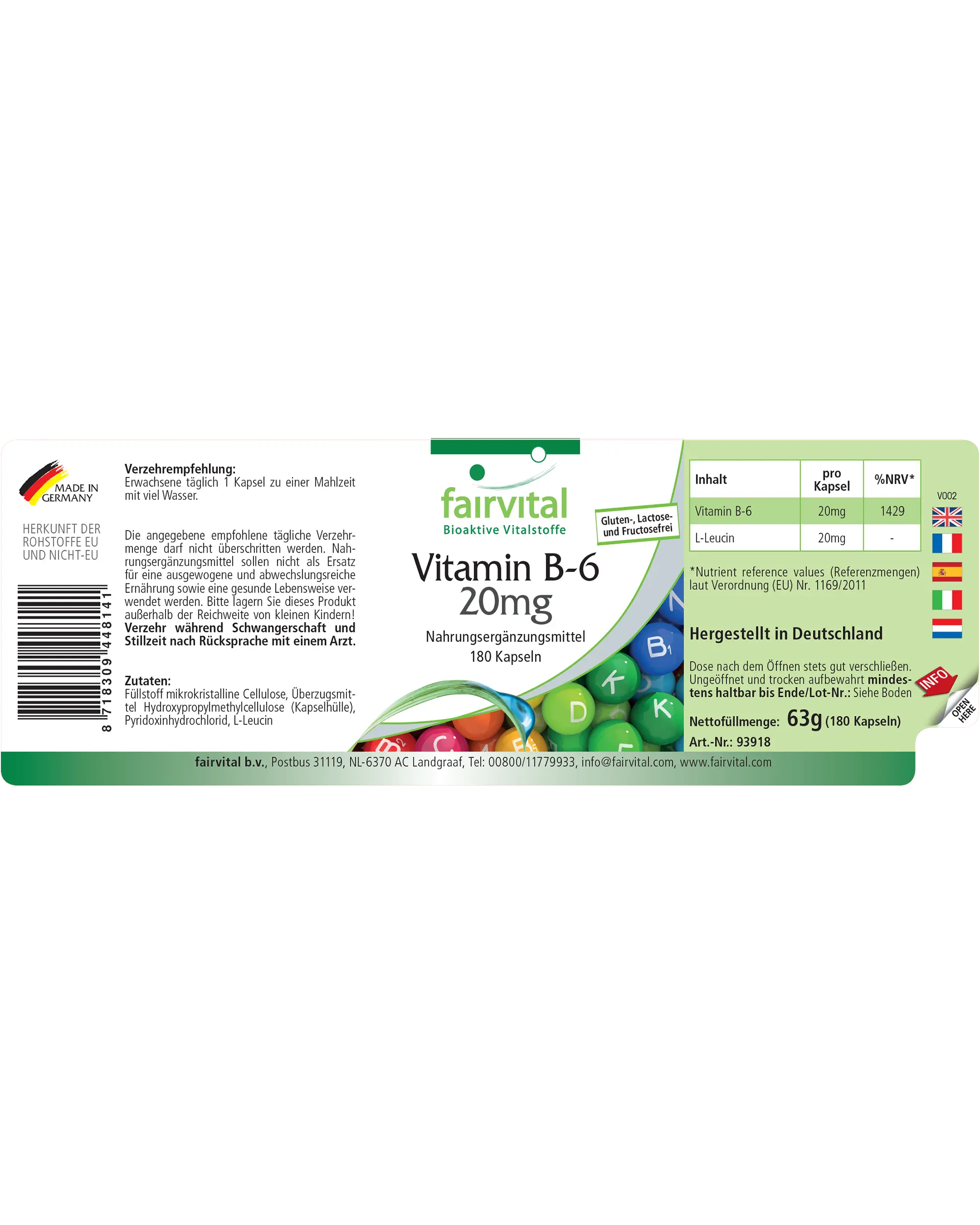 Vitamin B-6 20mg - 180 Kapseln - Pyridoxinhydrochlorid - für Immunsystem, Energie uvm. - Hochdosiert & Vegan | Fairvital