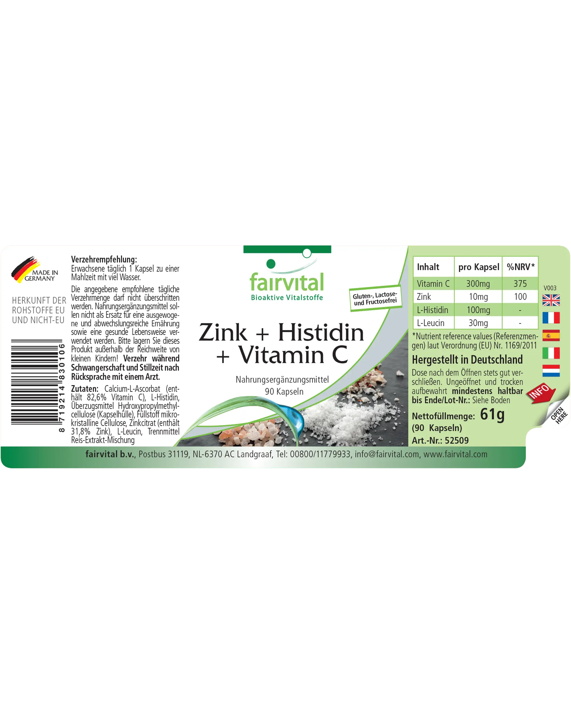Zinc + Histidina + Vitamina C - 90 Cápsulas