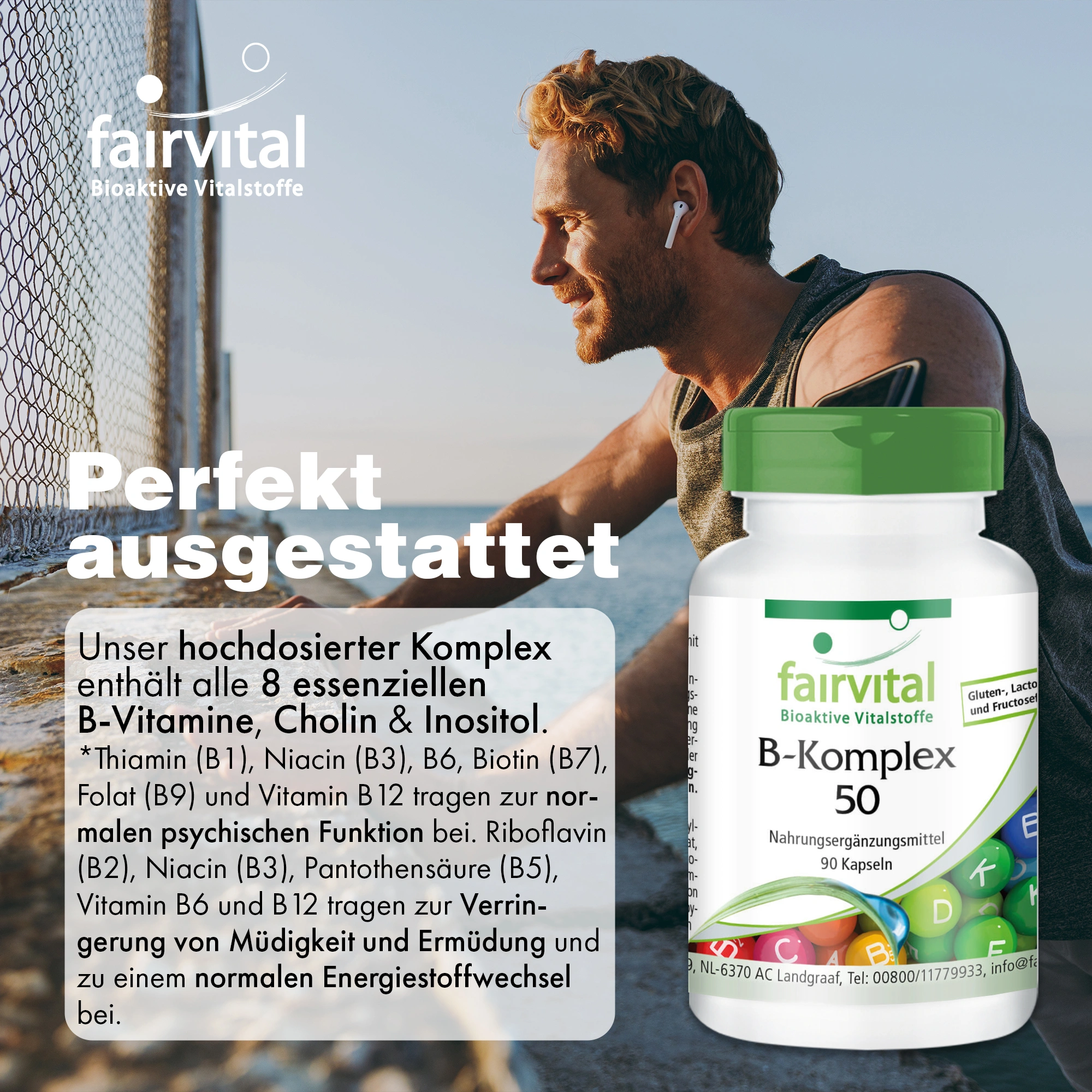 B-Komplex 50 - 90 Kapseln - Schluckfreundlich - Mit B-Vitaminen; Cholin uvm. - Für Immunsystem; Fettstoffwechsel; Energie - abgedeckter Bedarf | Fairvital