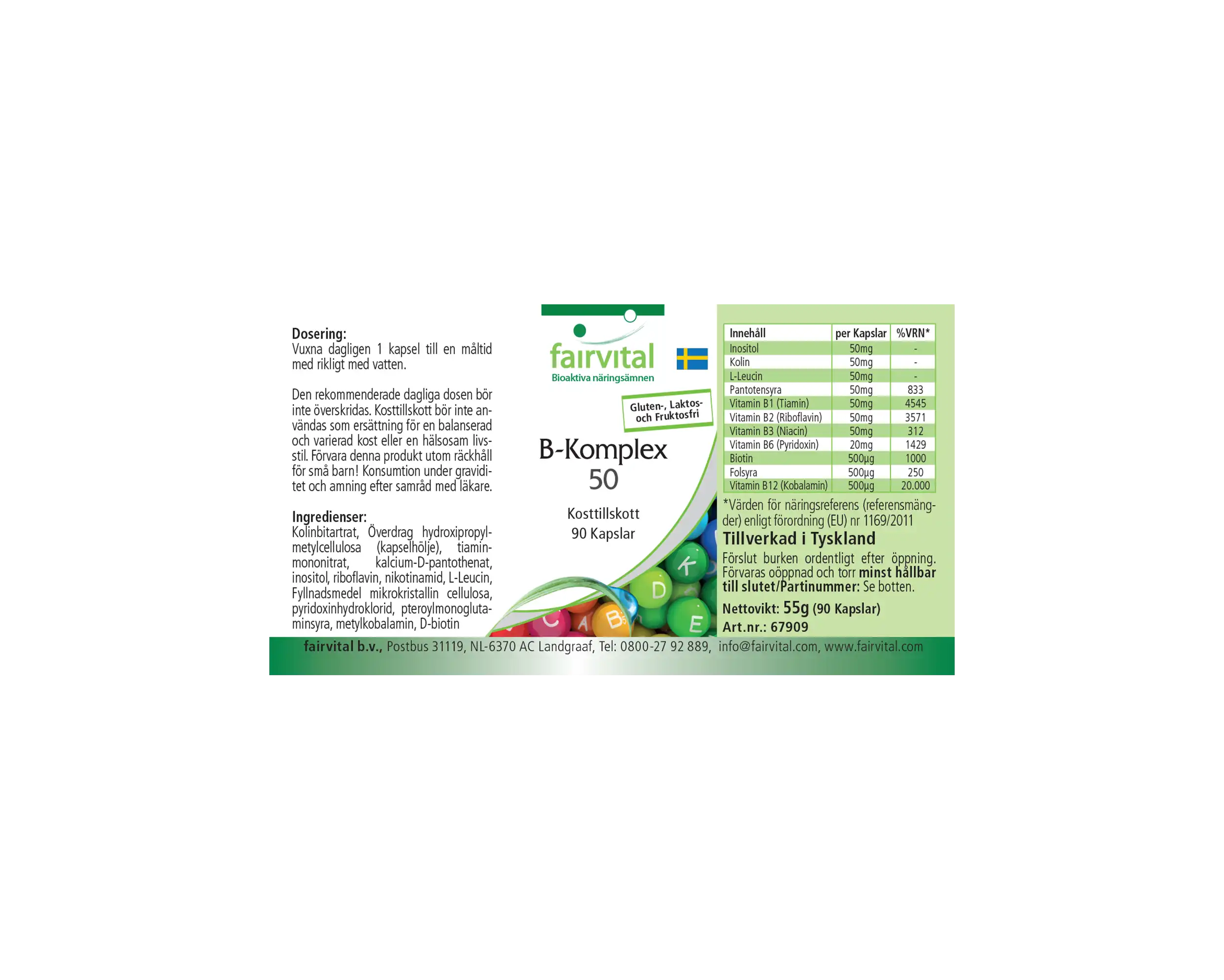 B-Komplex 50 - 90 Kapseln - mit B-Vitaminen, Cholin uvm. - für Immunsystem, Fettstoffwechsel, gegen Müdigkeit - abgedeckter Bedarf | Fairvital