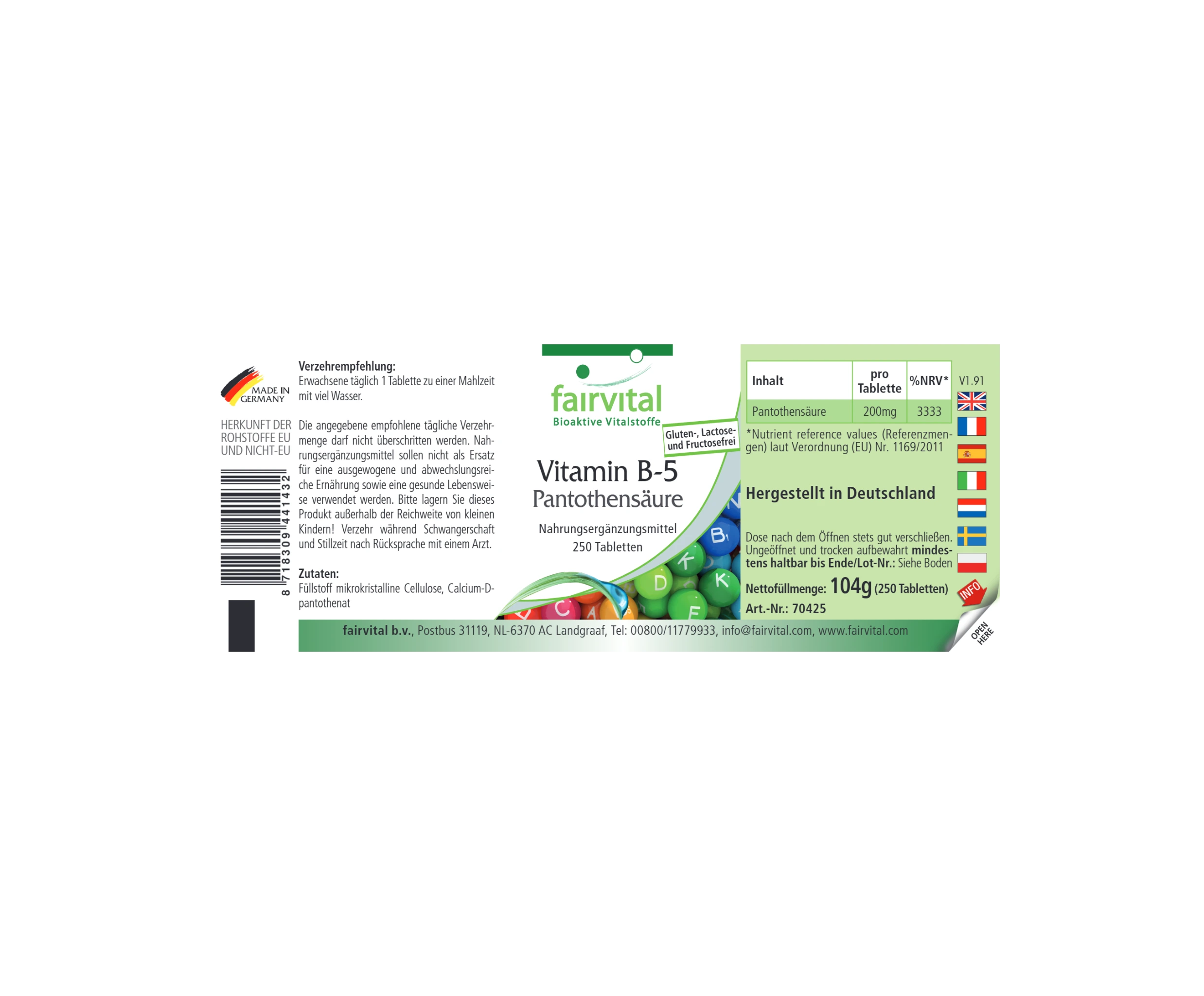 Vitamine B5 acide pantothénique - 250 comprimés