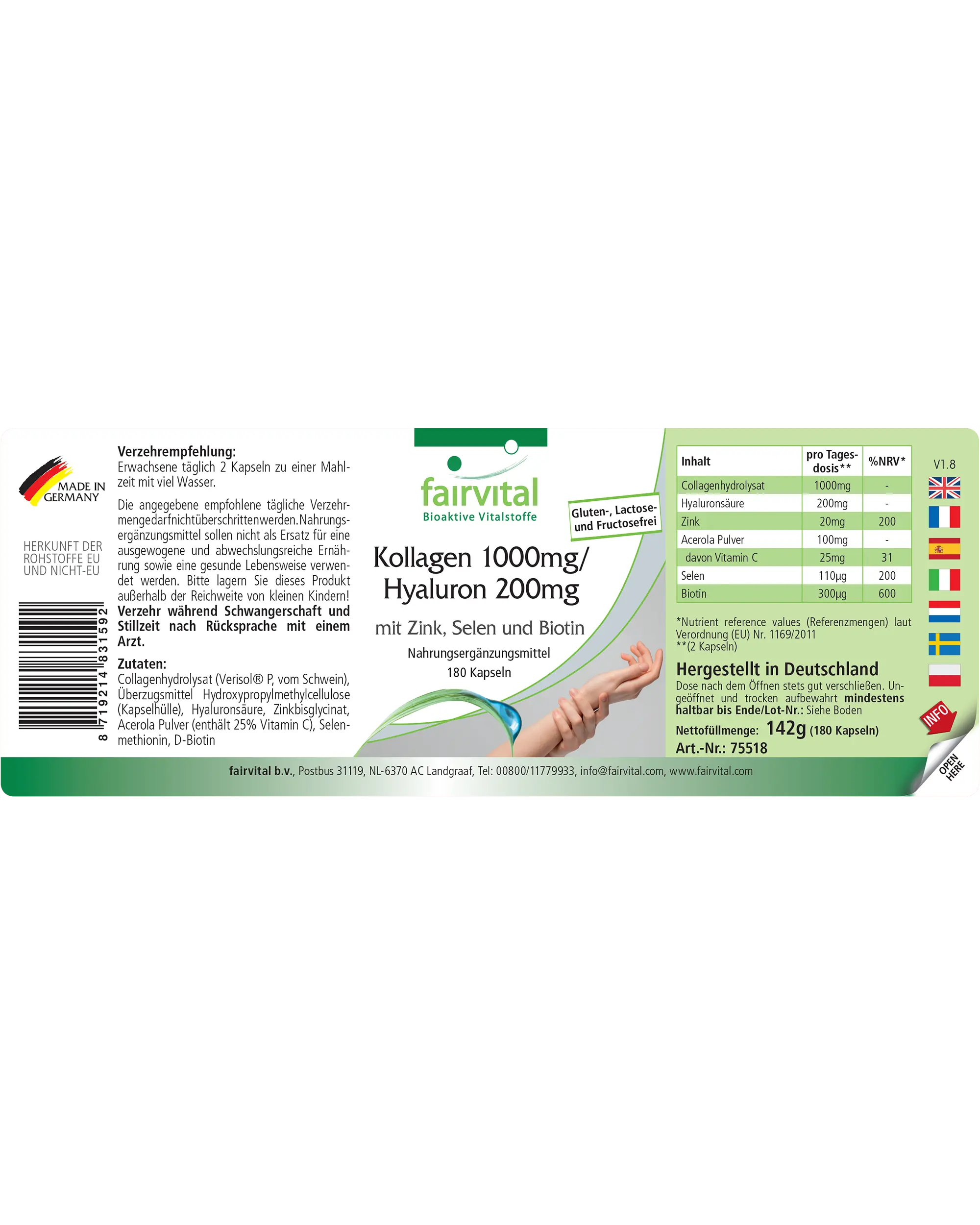 Collagen 1000 mg / Hyaluronic acid 200 mg – 180 capsules – with zinc, selenium, biotin and much more – for skin, hair, nails and much more | Fairvital Collagen 1000 mg / Hyaluronic acid 200 mg – 180 capsules – with zinc, selenium, biotin and much more – for skin, hair, nails and much more | Fairvital