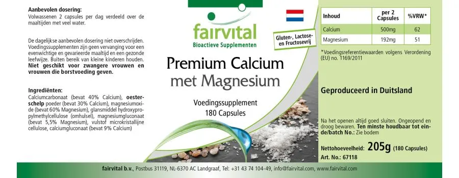 Premium-Calcium mit Magnesium - 180 Kapseln - für Knochen, Muskeln, Elektrolytgleichgewicht uvm. | Fairvital Premium-Calcium mit Magnesium - 180 Kapseln - für Knochen, Muskeln, Elektrolytgleichgewicht uvm. | Fairvital