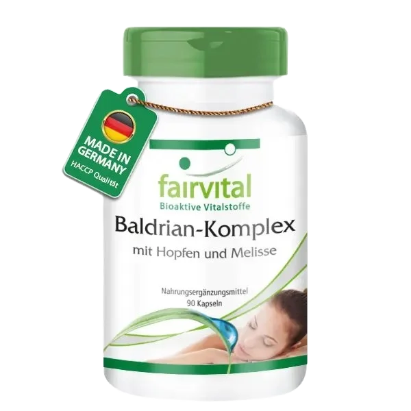 Baldrian Komplex mit Hopfen und Melisse - 90 Kapseln - Hochdosiert und Vegan | Fairvital Baldrian Komplex mit Hopfen und Melisse - 90 Kapseln - Hochdosiert und Vegan | Fairvital