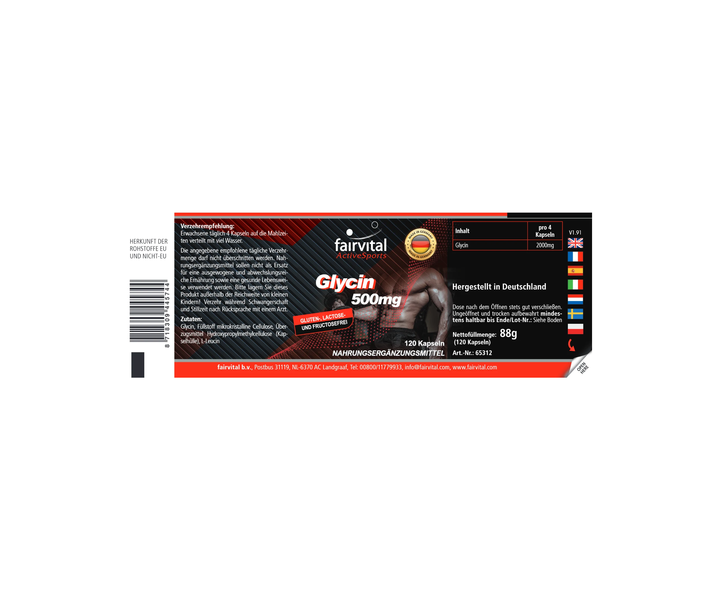Glicina 500mg - 120 cápsulas - Fáciles de tragar - Aminoácido - De alta dosificación y vegano | Fairvital