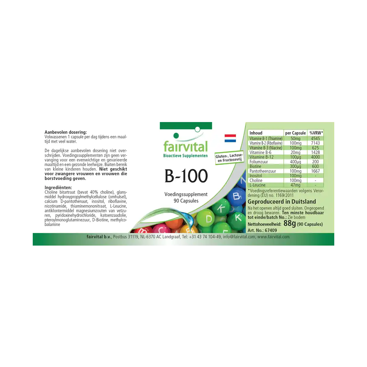 B-100 Komplex - alle B-Vitamine (B1, B2, B3, B5, B6, B7, B9, B12) für Haare, Haut ung gegen Müdigkeit - 90 Kapseln - Hochdosiert und Vegan | Fairvital B-100 Komplex - alle B-Vitamine (B1, B2, B3, B5, B6, B7, B9, B12) für Haare, Haut ung gegen Müdigkeit - 90 Kapseln - Hochdosiert und Vegan | Fairvital