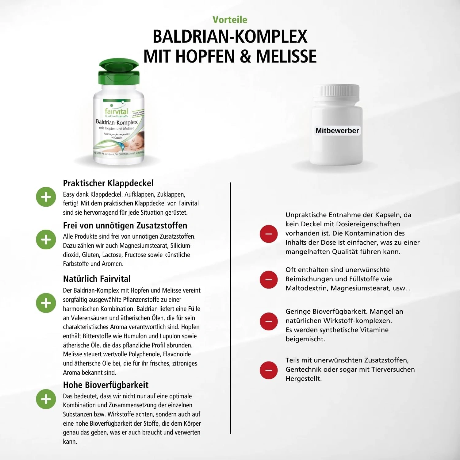 Baldrian-Komplex mit Hopfen und Melisse - 90 Kapseln - schluckfreundlich - hochdosiert und vegan | Fairvital
