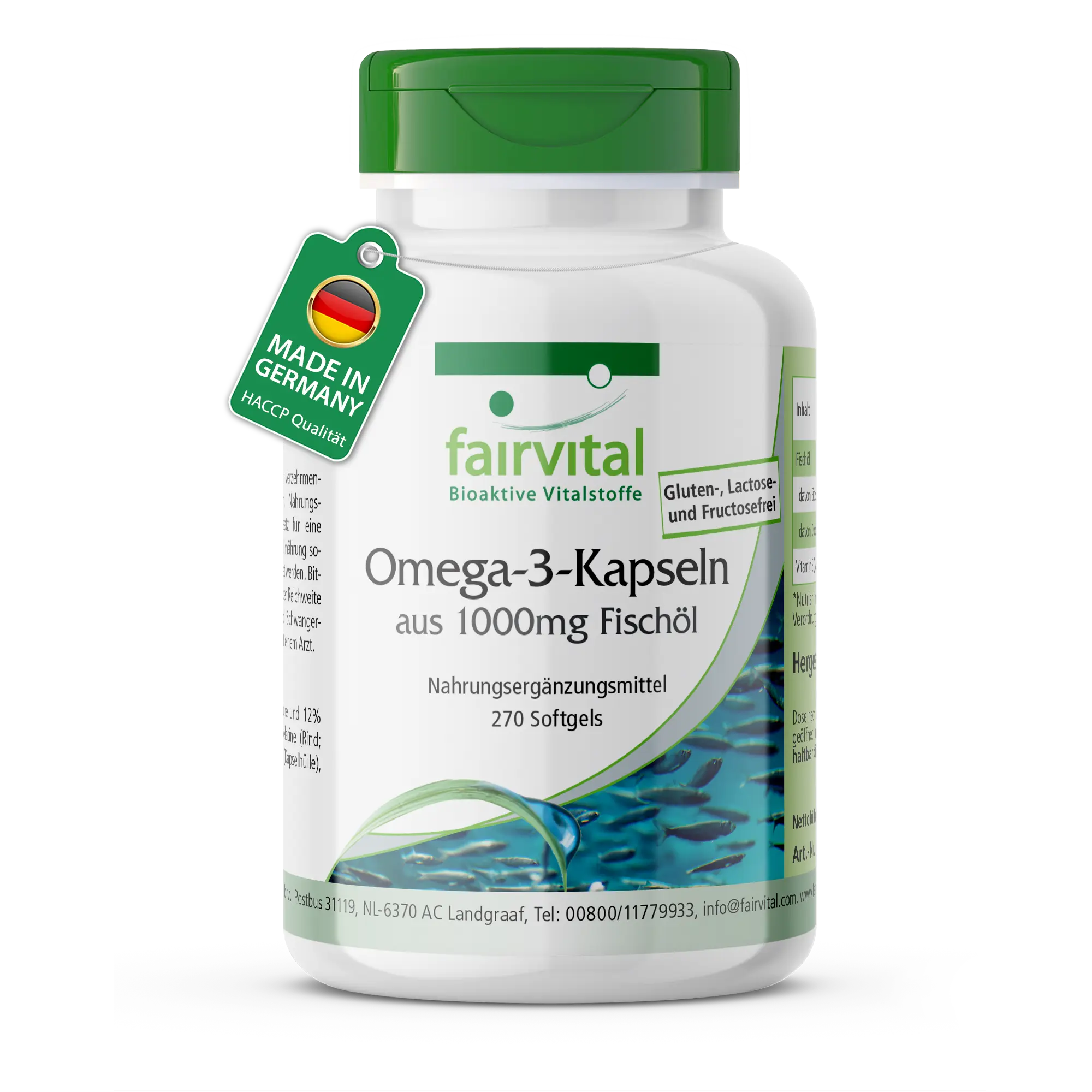 Capsule di Omega-3 da 1000 mg di Olio di Pesce - 270 Softgel - con EPA, DHA e vitamina E - oltre il 100% del fabbisogno giornaliero | Fairvital