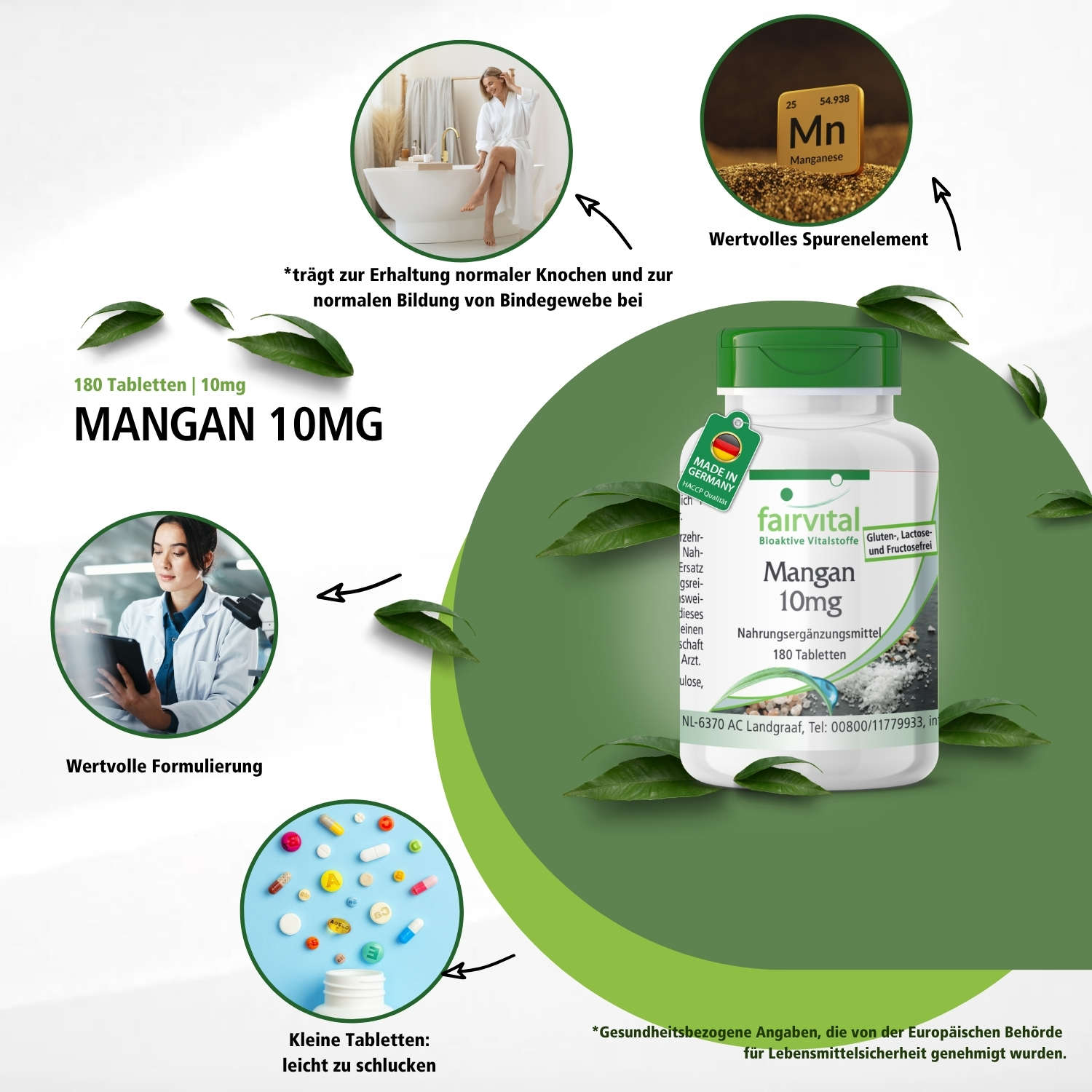 Manganeso 10mg - 180 comprimidos - para huesos, energía y mucho más - de alta dosificación y vegano | Fairvital