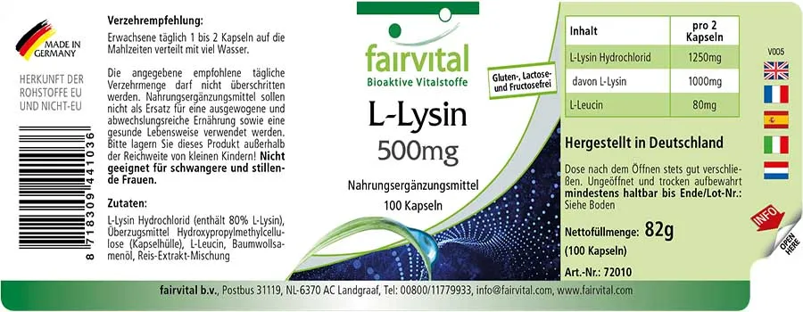 L-Lysin 500mg - 100 Kapseln - Vegan | Fairvital L-Lysin 500mg - 100 Kapseln - Vegan | Fairvital