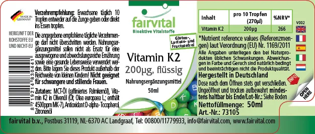 Vitamin K2 flüssig 200µg pro 10 Tropfen - 50ml | Fairvital Vitamin K2 flüssig 200µg pro 10 Tropfen - 50ml | Fairvital