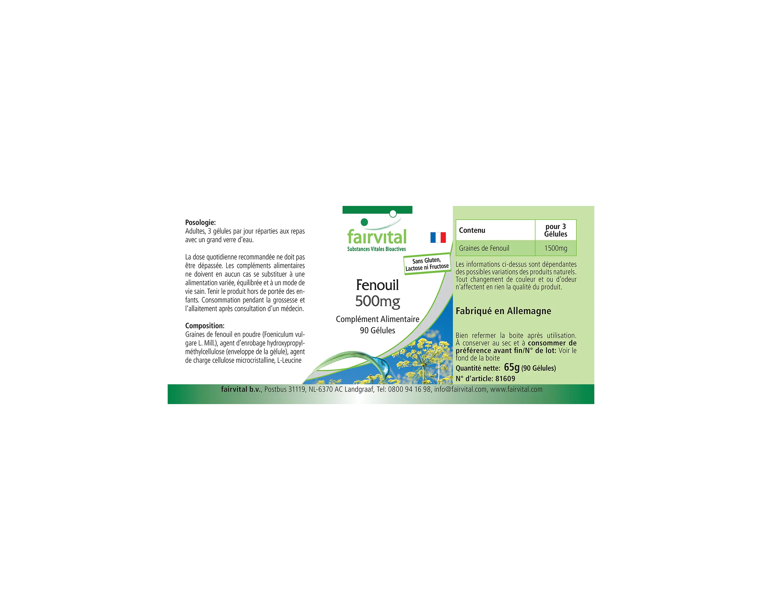 Hinojo 500mg - 90 cápsulas - Foeniculum vulgare Miller - Vegano | Fairvital