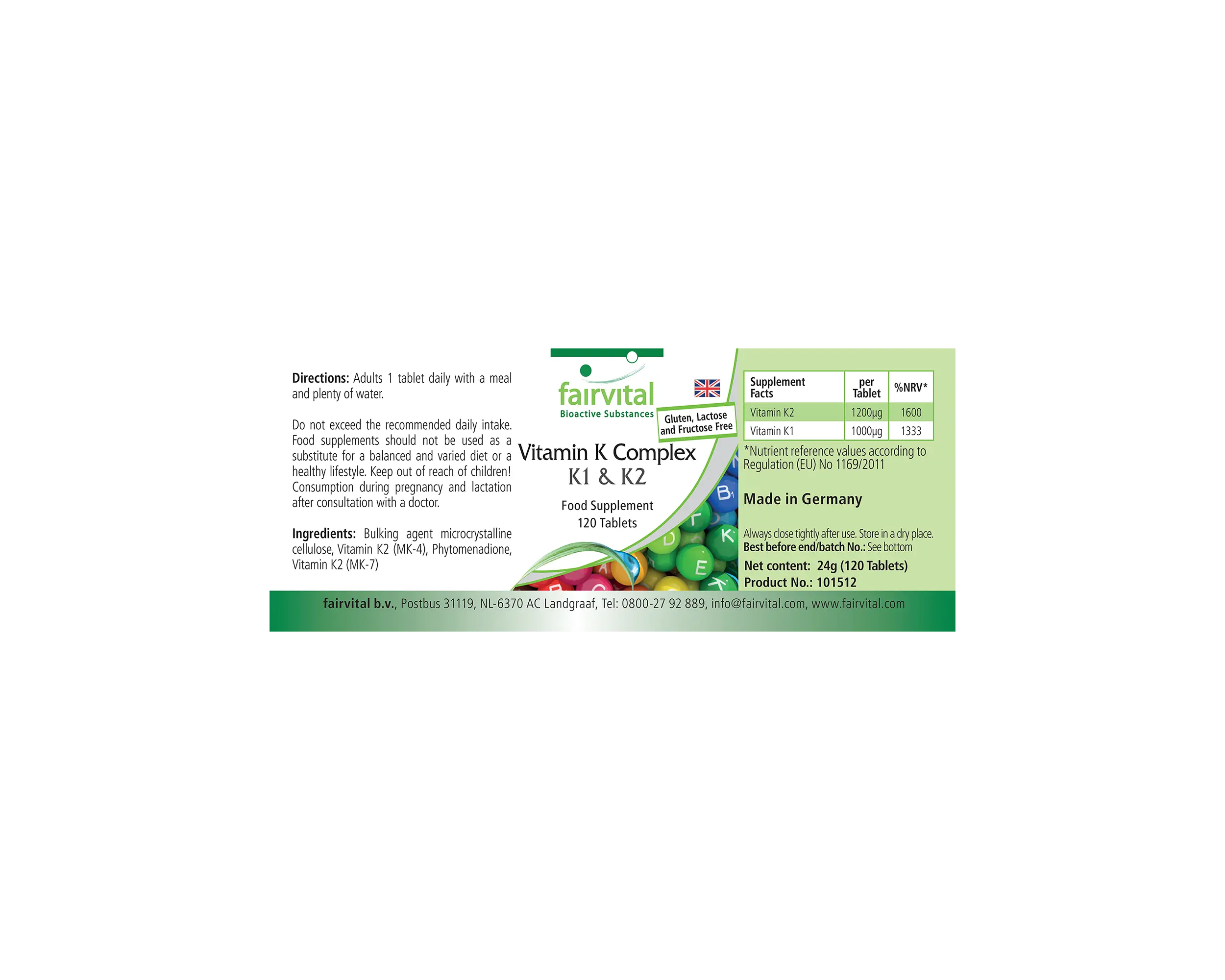 Vitamin K Komplex K1 & K2 - 120 Tabletten - für Knochen & Blutgerinnung - über 100% Bedarfsabdeckung - vegan | Fairvital