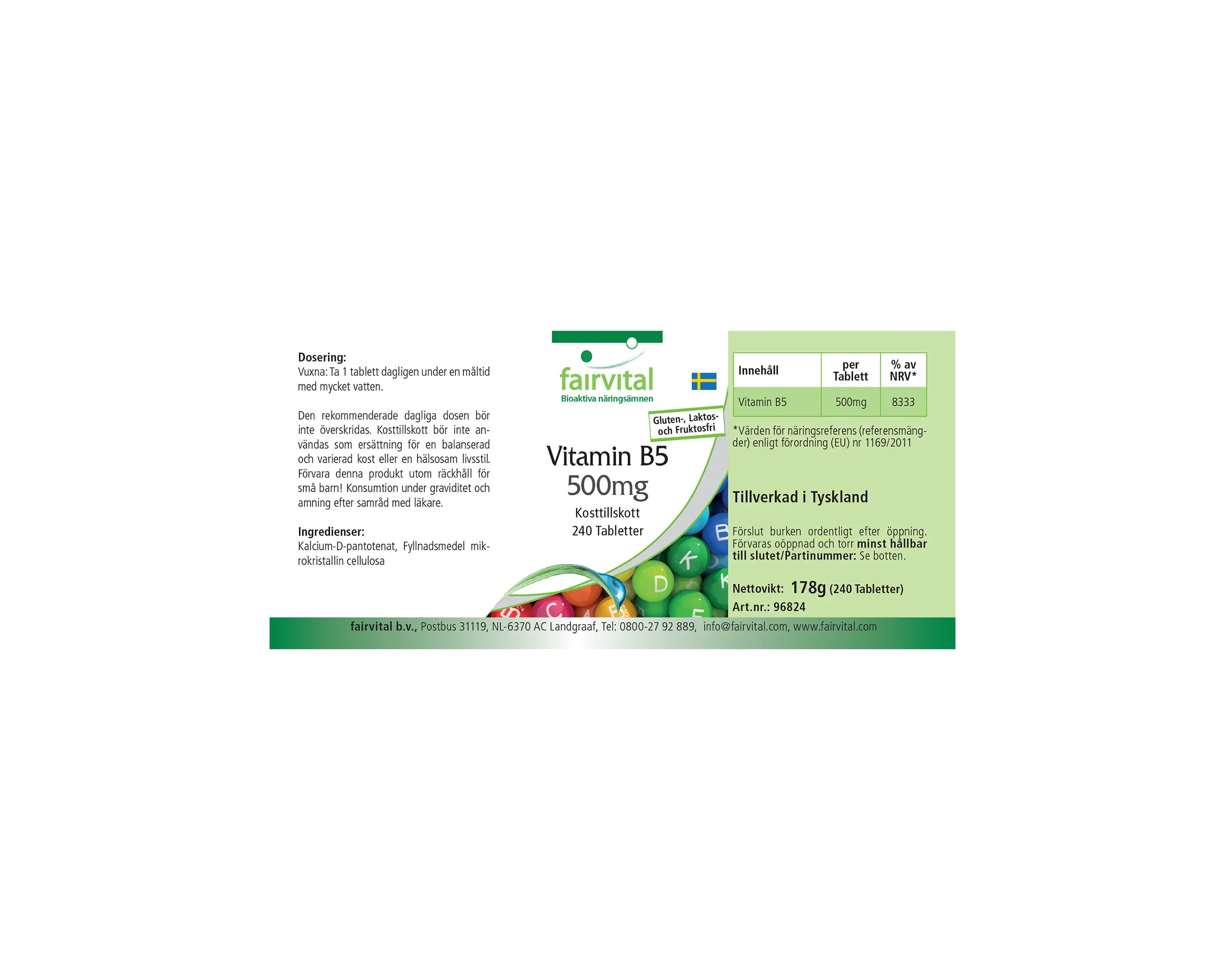 Vitamina B5 500 mg - 240 comprimidos - para energía, rendimiento mental y más - más del 100 % del requerimiento diario - vegano | Fairvital