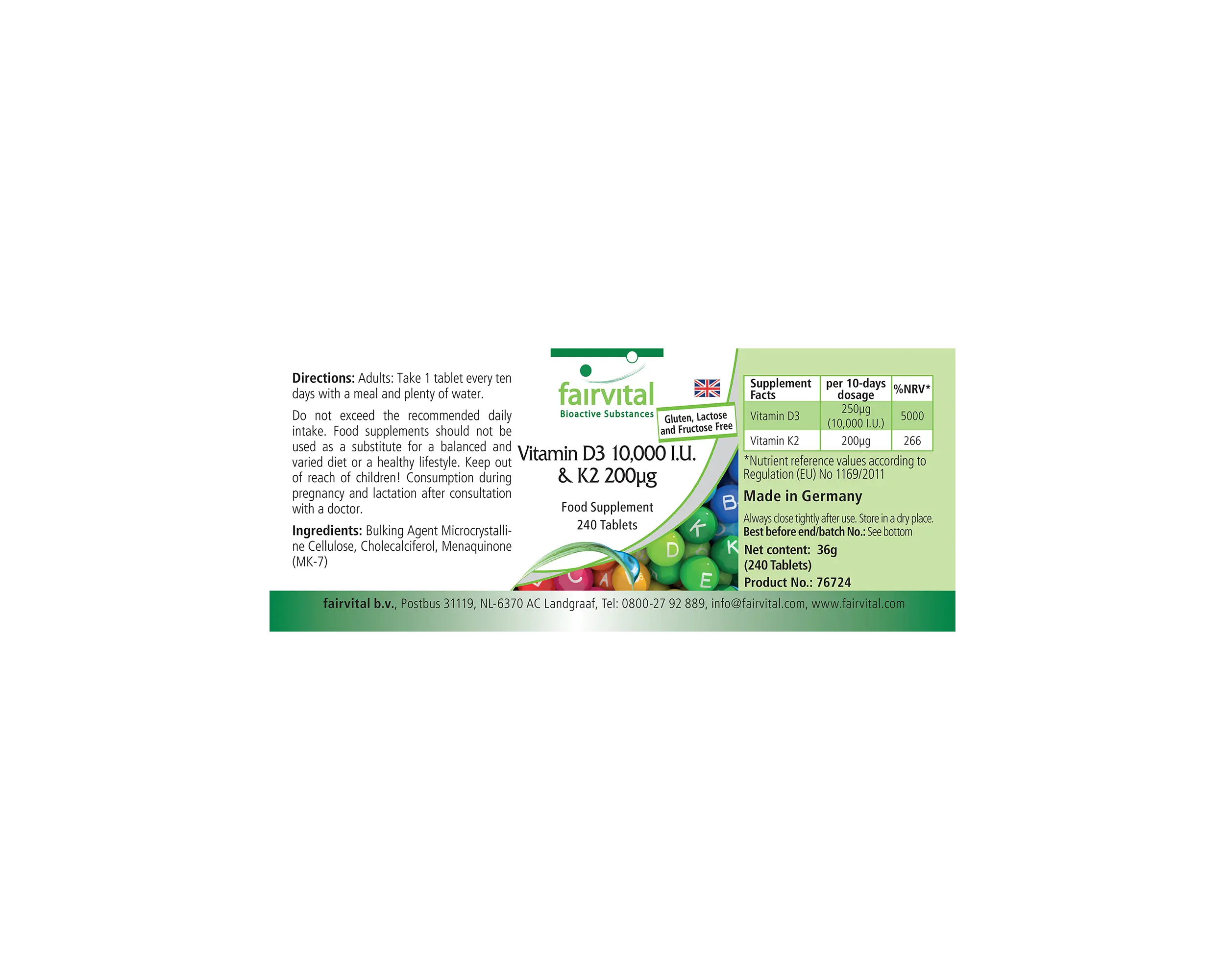 Vitamin D3 10.000 I.E. & K2 200μg - 240 Tabletten - für Knochen, Immunsystem uvm. - hochdosiert | Fairvital