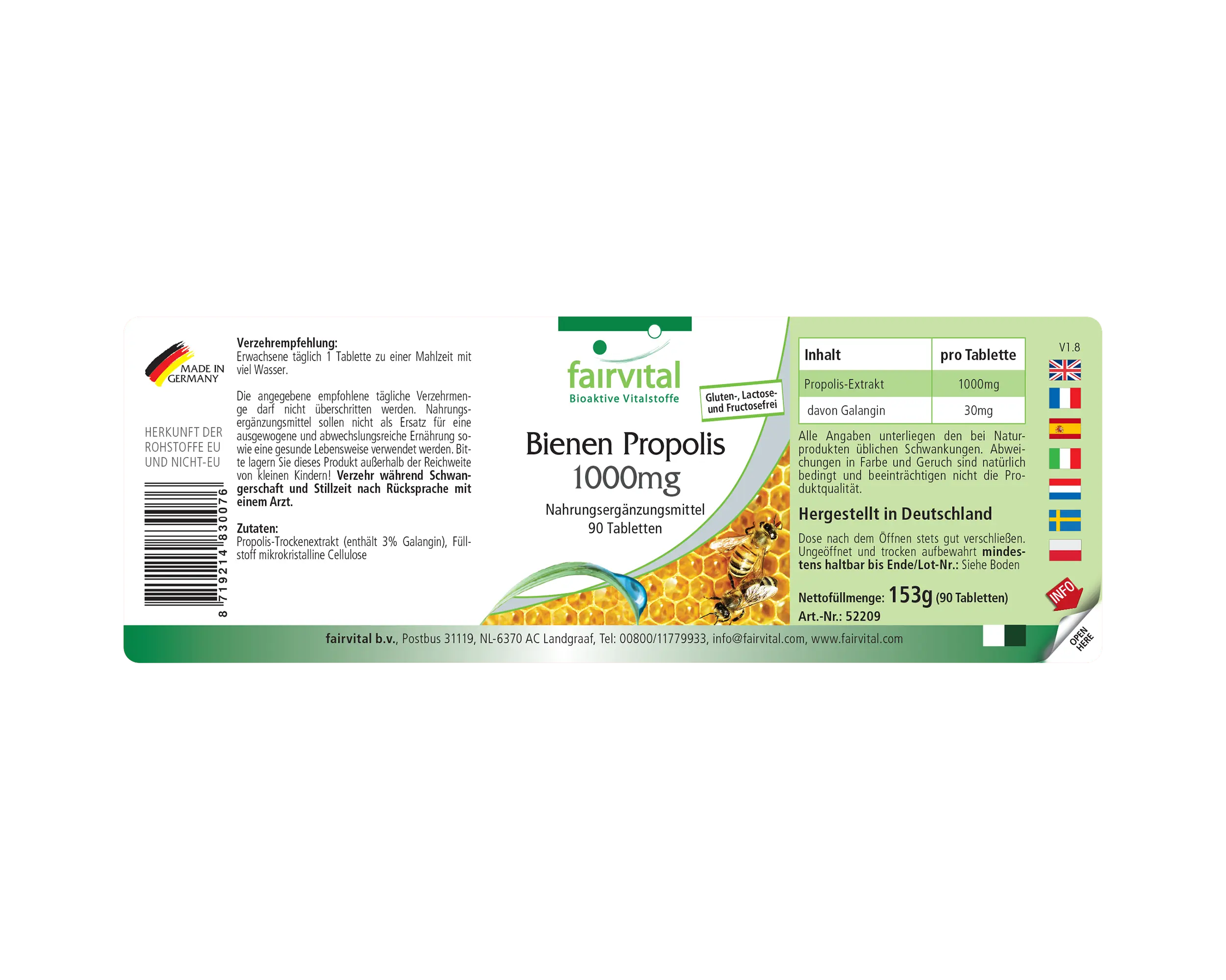 Bee Propolis 1000 mg – 90 tablets – Natural bee resin extract – 3% galangin – High dosage | Fairvital