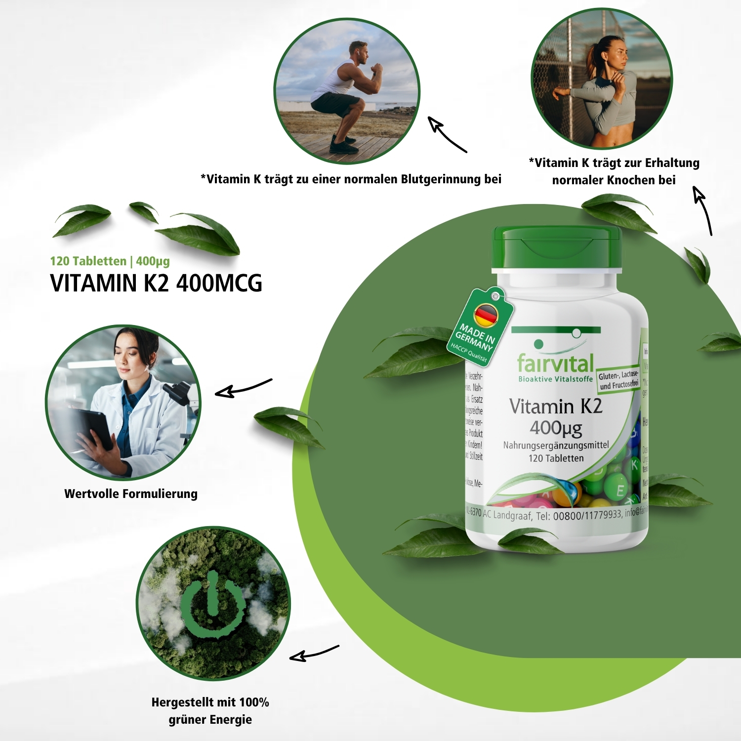 Vitamin K2 400μg - 120 Tabletten - für Knochen und Blutgerinnung - hochdosiert und vegan | Fairvital