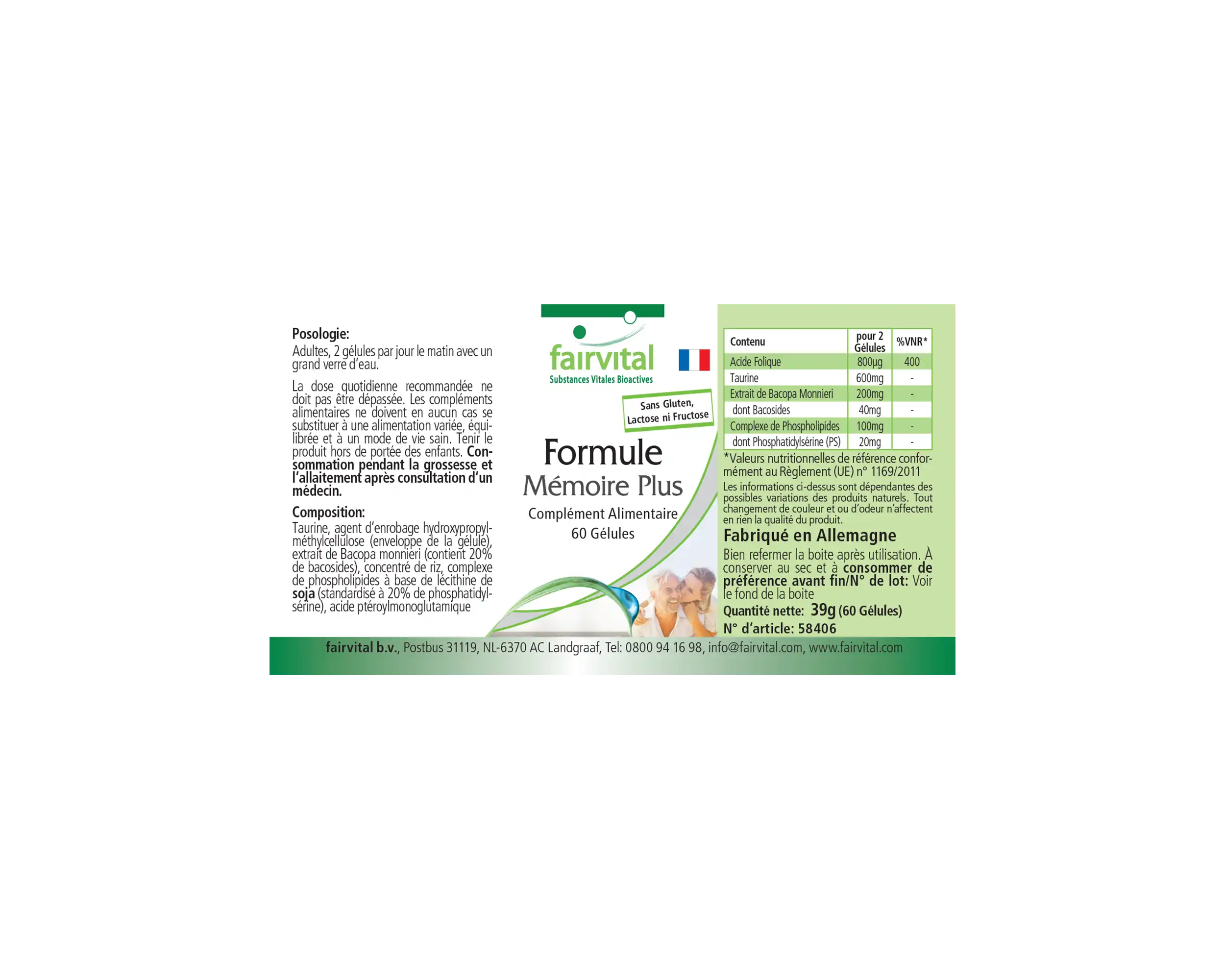 Gedächtnis Formel Plus - 60 Kapseln - mit Brahmi (Bacopa Monnieri), Ginkgo uvm. - Hochdosiert und Vegan | Fairvital