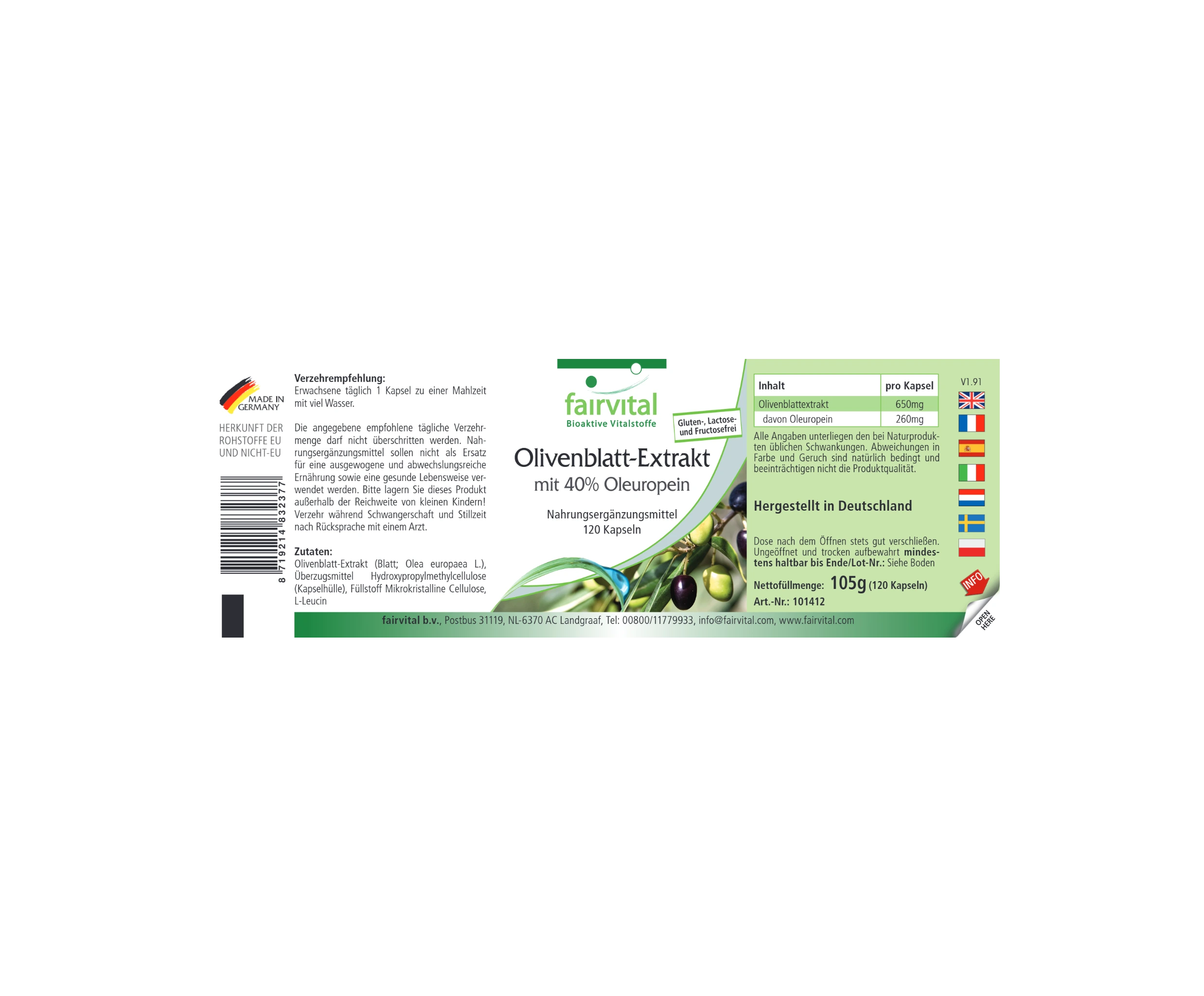 Olivenblatt-Extrakt mit 40% Oleuropein - 120 Kapseln - vegan | Fairvital