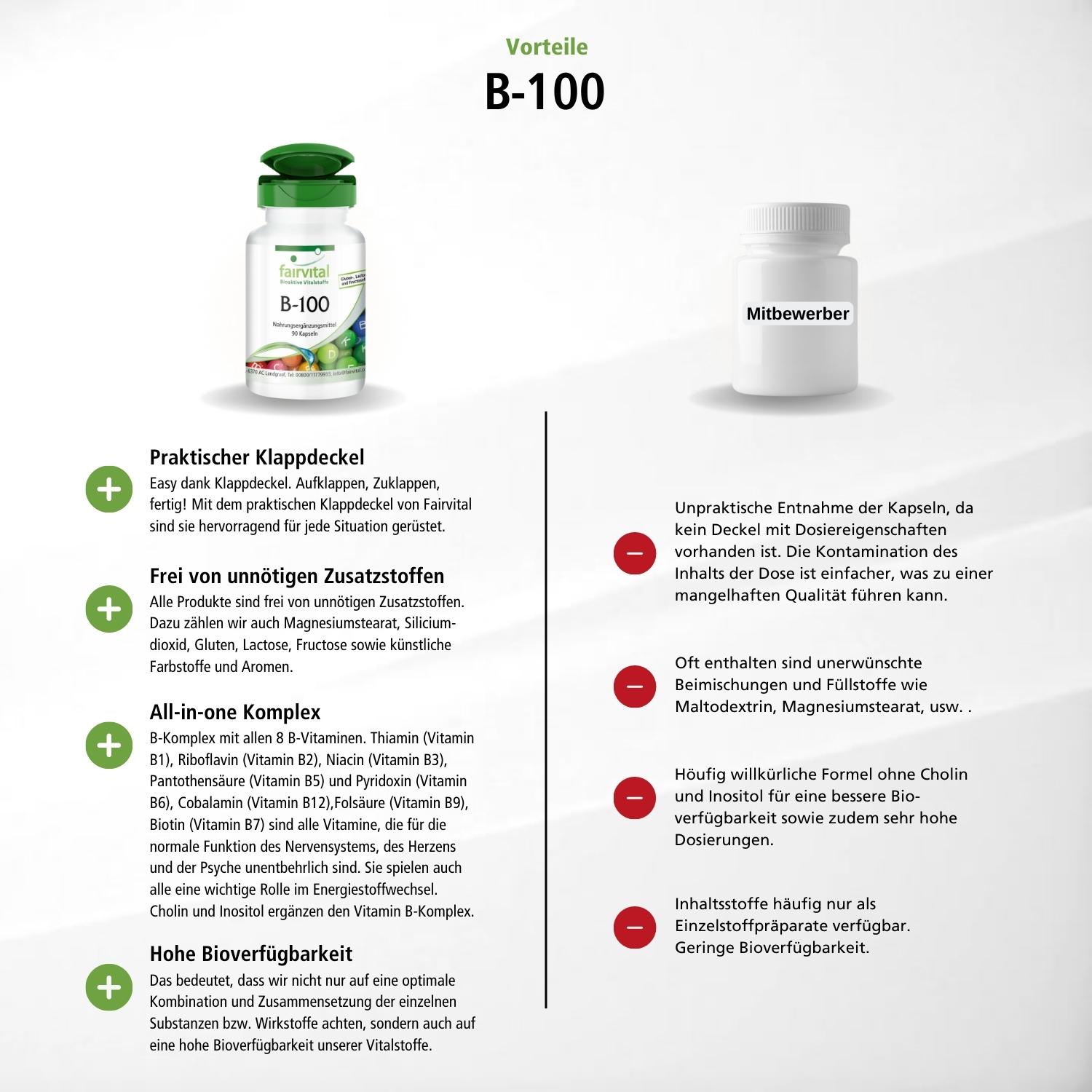 B-100 - 90 Kapseln - Komplex aller B-Vitamine - für Haare, Haut & gegen Müdigkeit - abgedeckter Bedarf - vegan | Fairvital
