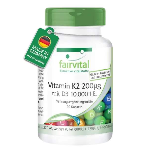 Vitamin K2 200µg mit D3 10000 I.E. - 90 Kapseln - für Knochen, Blutgerinnung uvm. | Fairvital
